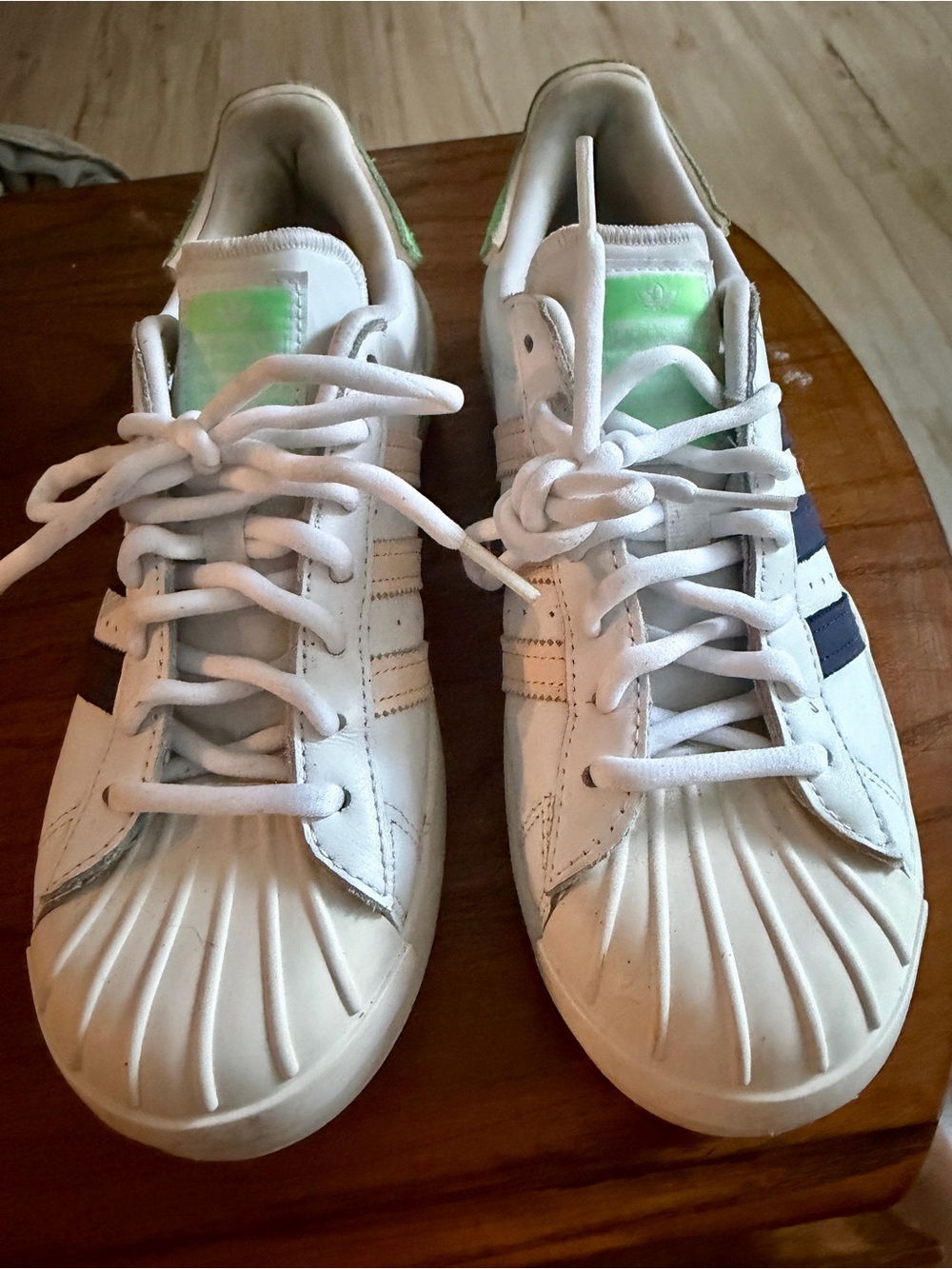 adidas Superstar Ayoon White Sneakers with Navy/Peach Stripes and Green Accents